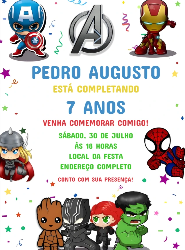 Convite Aniversário Vingadores com Heróis para Editar Online