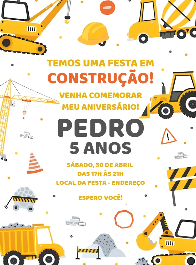 Convite Aniversário Construção com Tratores para Editar Online