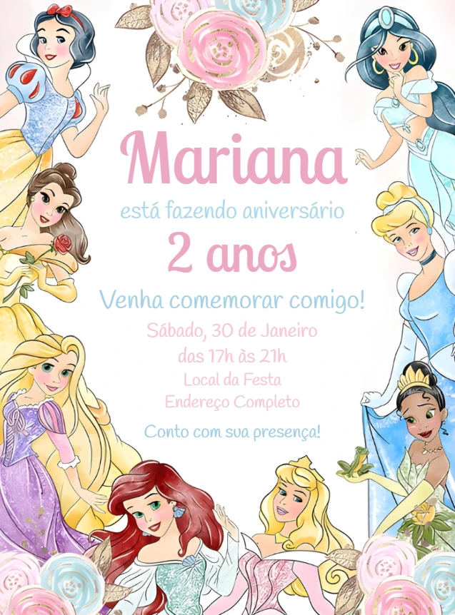 Convite Aniversário Princesas Disney Aquarela para Editar
