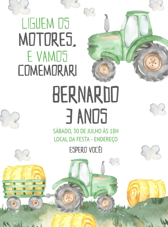 Convite de Aniversário Trator Editável Online com Tema Fazenda