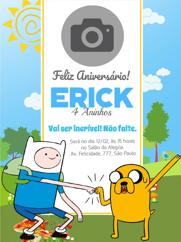 Convite Aniversário Hora da Aventura com Foto para Editar Online