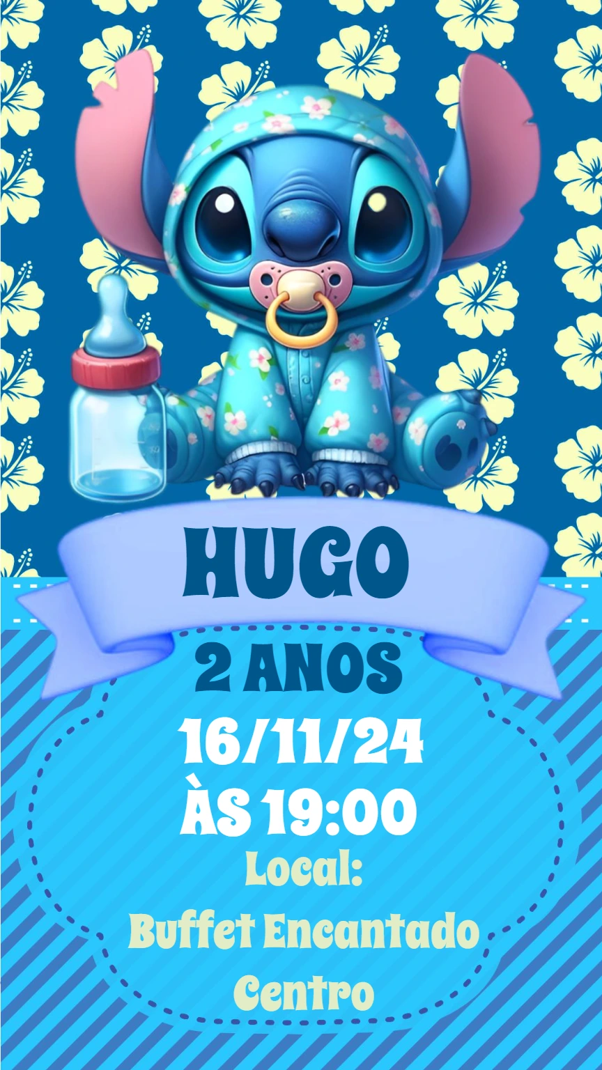 Convite Aniversário Stitch Baby para Editar Online