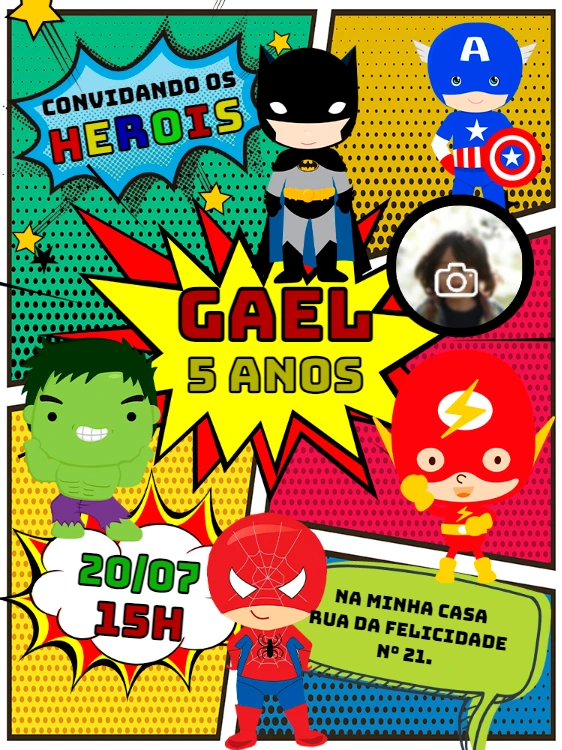 Convite Aniversário Super-Heróis Quadrinhos para Editar Online