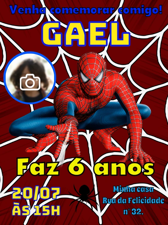 Convite Aniversário Homem Aranha com Foto para Editar Online