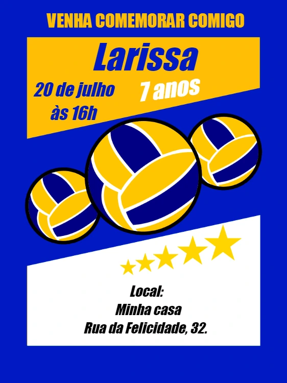 Convite de Aniversário Vôlei Editável Online para Imprimir