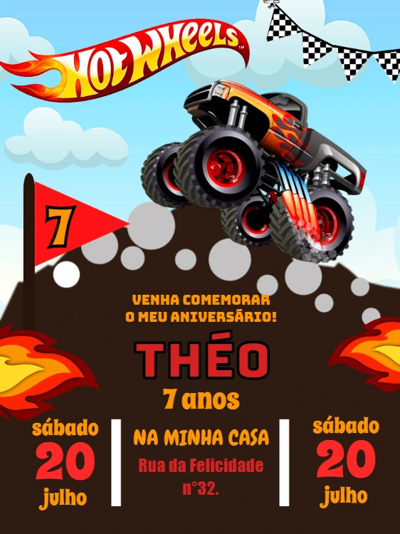 Convite Aniversário Monster Truck Hot Wheels para Editar Online