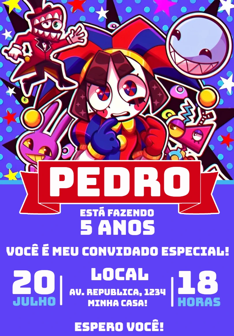 Convite Aniversário Digital Circus com Personagens para Editar