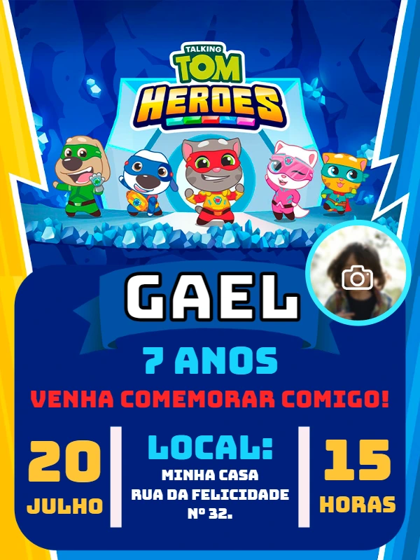 Convite Aniversário Talking Tom Heroes com Foto para Editar
