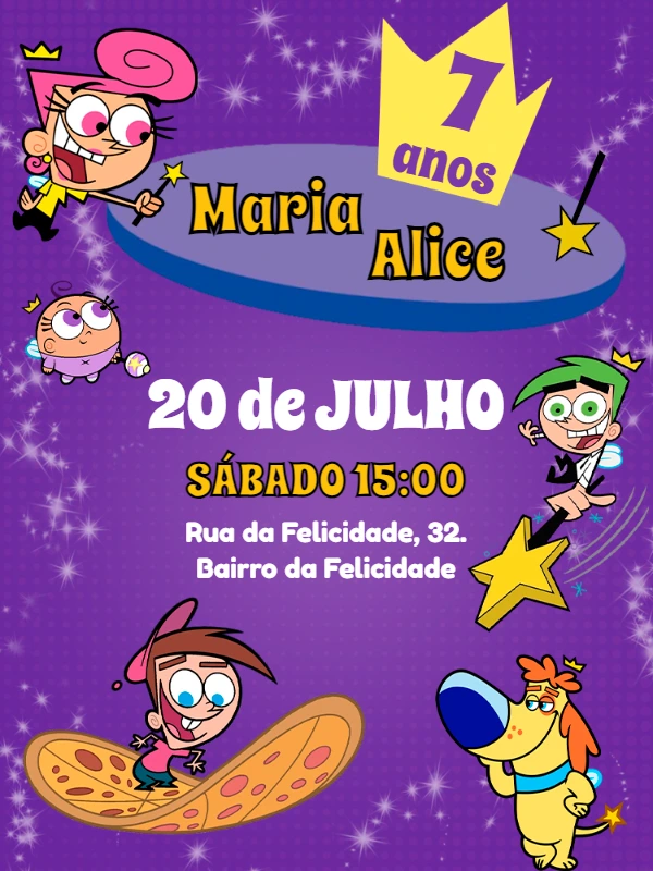 Convite de Aniversário Padrinhos Mágicos para Editar Online