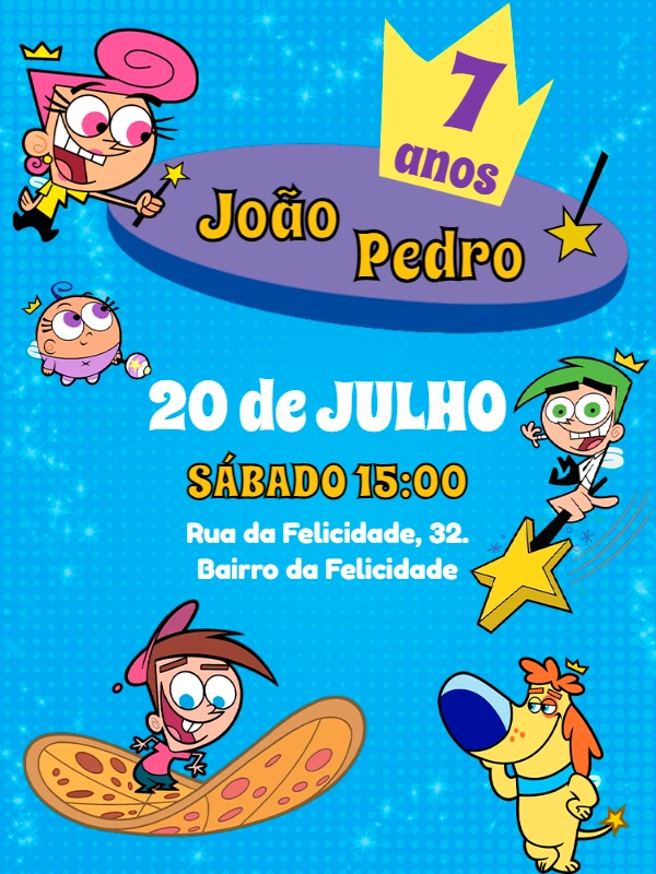 Convite Aniversário Padrinhos Mágicos para Editar Online