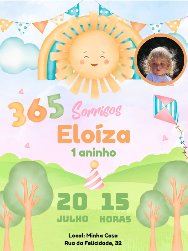 Convite Aniversário 365 Sorrisos com Foto Editável Online
