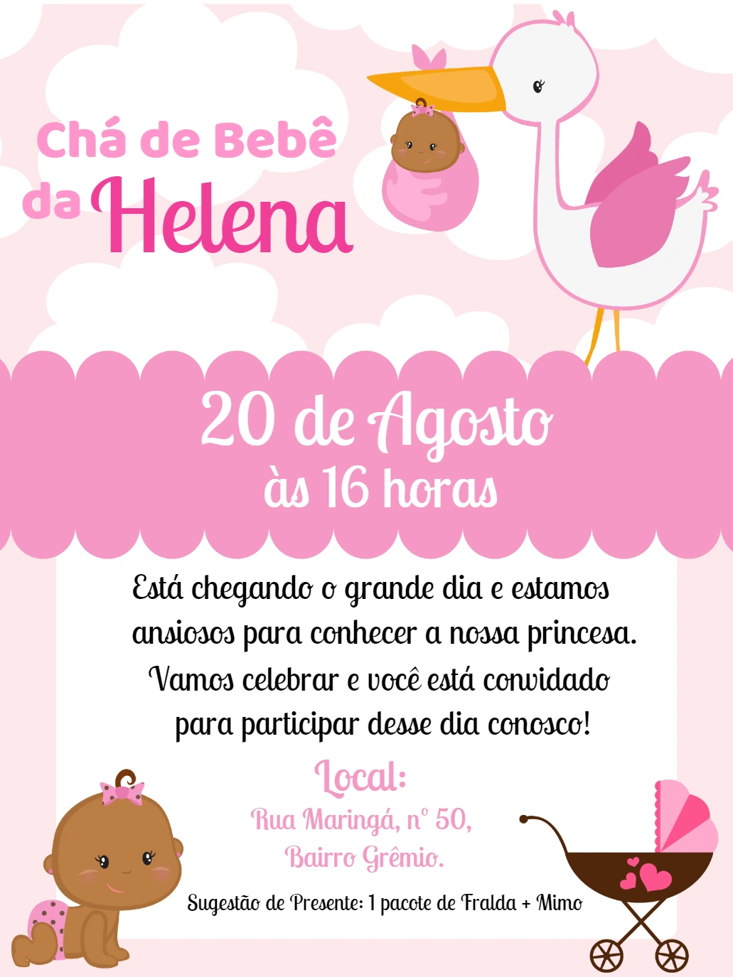 Convite Chá de Bebê Menina Negra com Cegonha para Editar Online