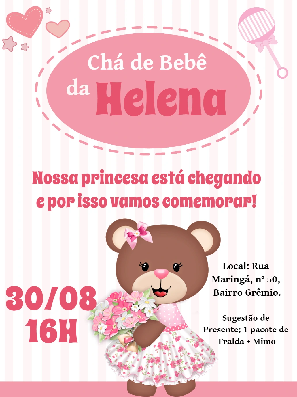 Convite Chá de Bebê Ursinha Princesa para Editar Online