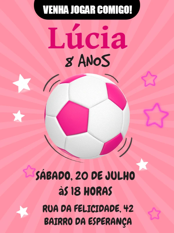 Convite Aniversário Futebol Menina Rosa para Editar Online