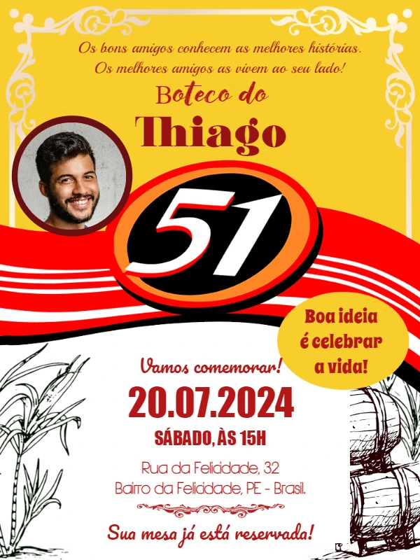 Convite Aniversário Boteco 51 com Foto para Editar Online