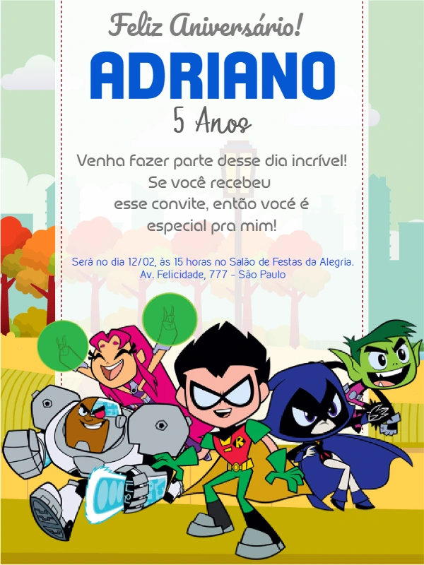 Convite de Aniversário Jovens Titãs para Editar Online