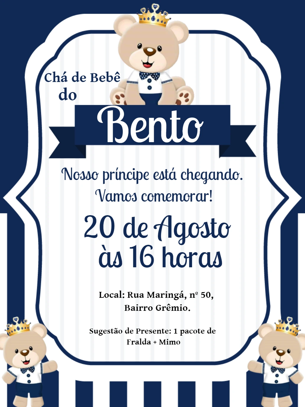 Convite de Chá de Bebê Ursinho Príncipe para Editar Online