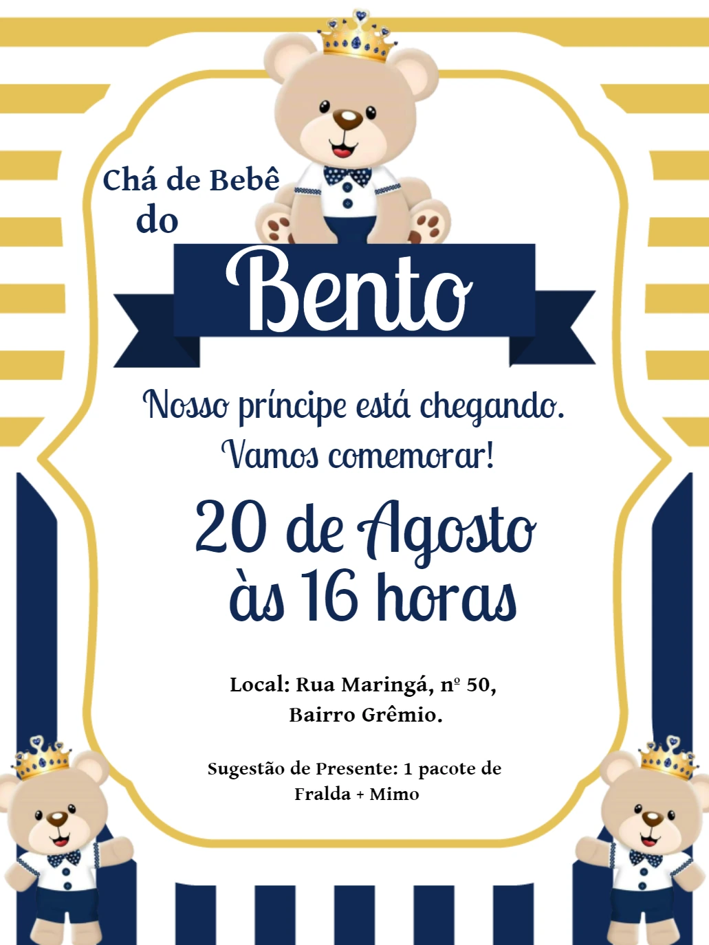 Convite Chá de Bebê Ursinho Príncipe para Editar Online
