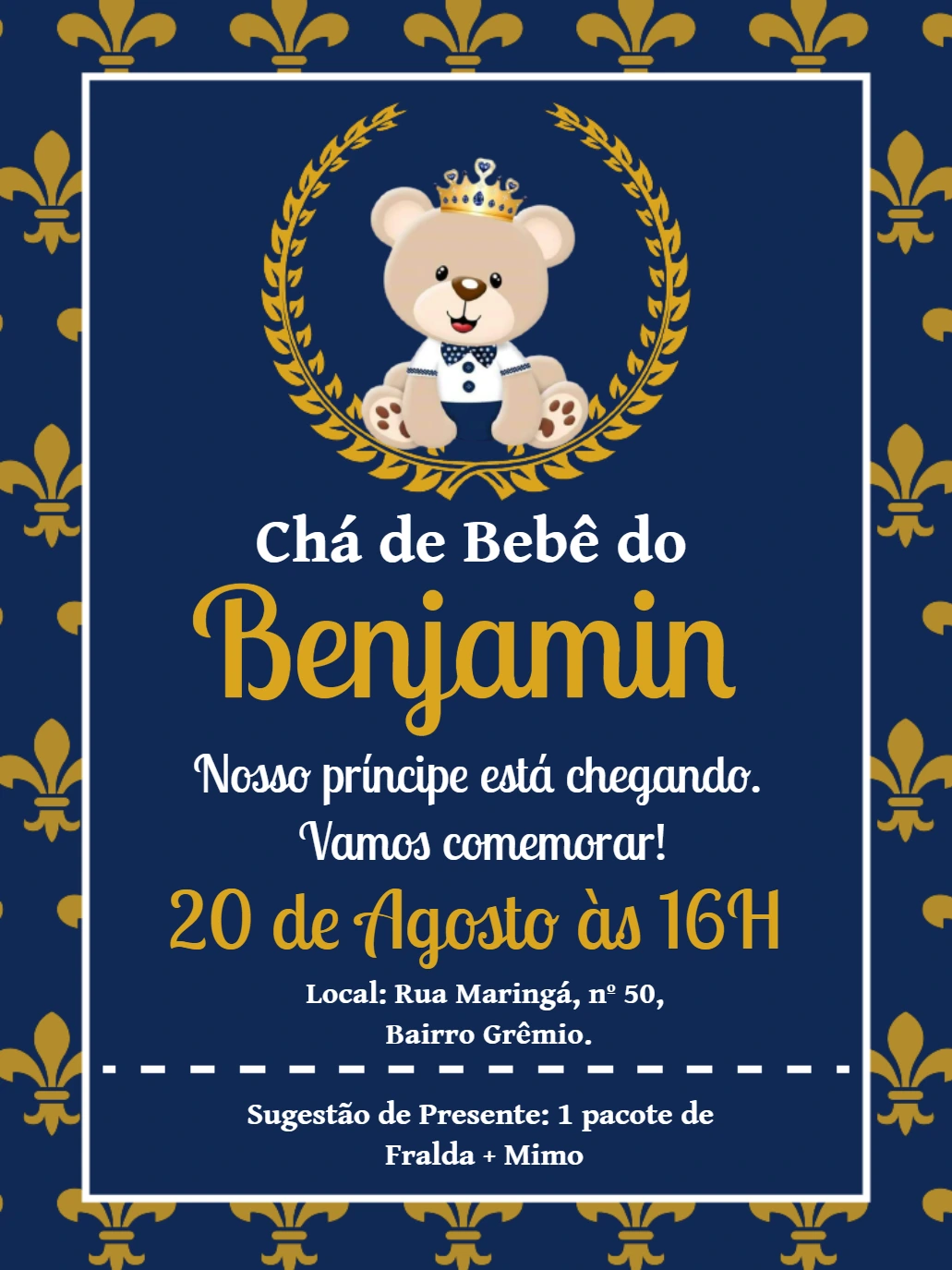 Convite Chá de Bebê Ursinho Príncipe Azul para Editar Online