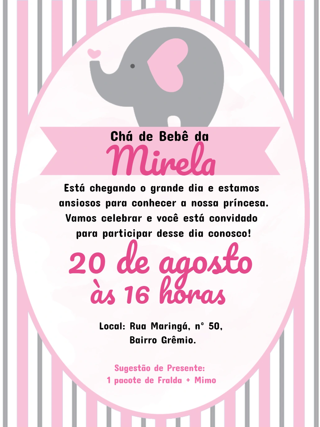 Convite Chá de Bebê Elefantinha Rosa para Editar Online