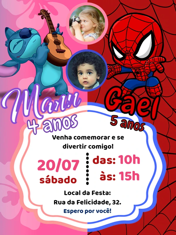 Convite Aniversário Duplo Stitch e Homem-Aranha com Foto Editável