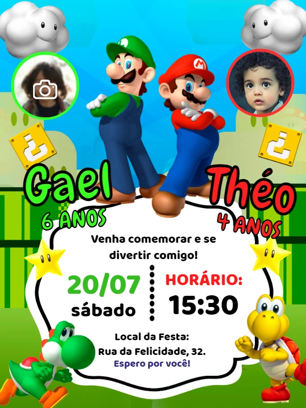 Convite Duplo Aniversário Super Mario e Luigi com Foto para Editar