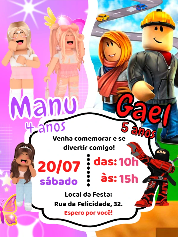 Convite Aniversário Duplo Roblox Menino e Menina para Editar