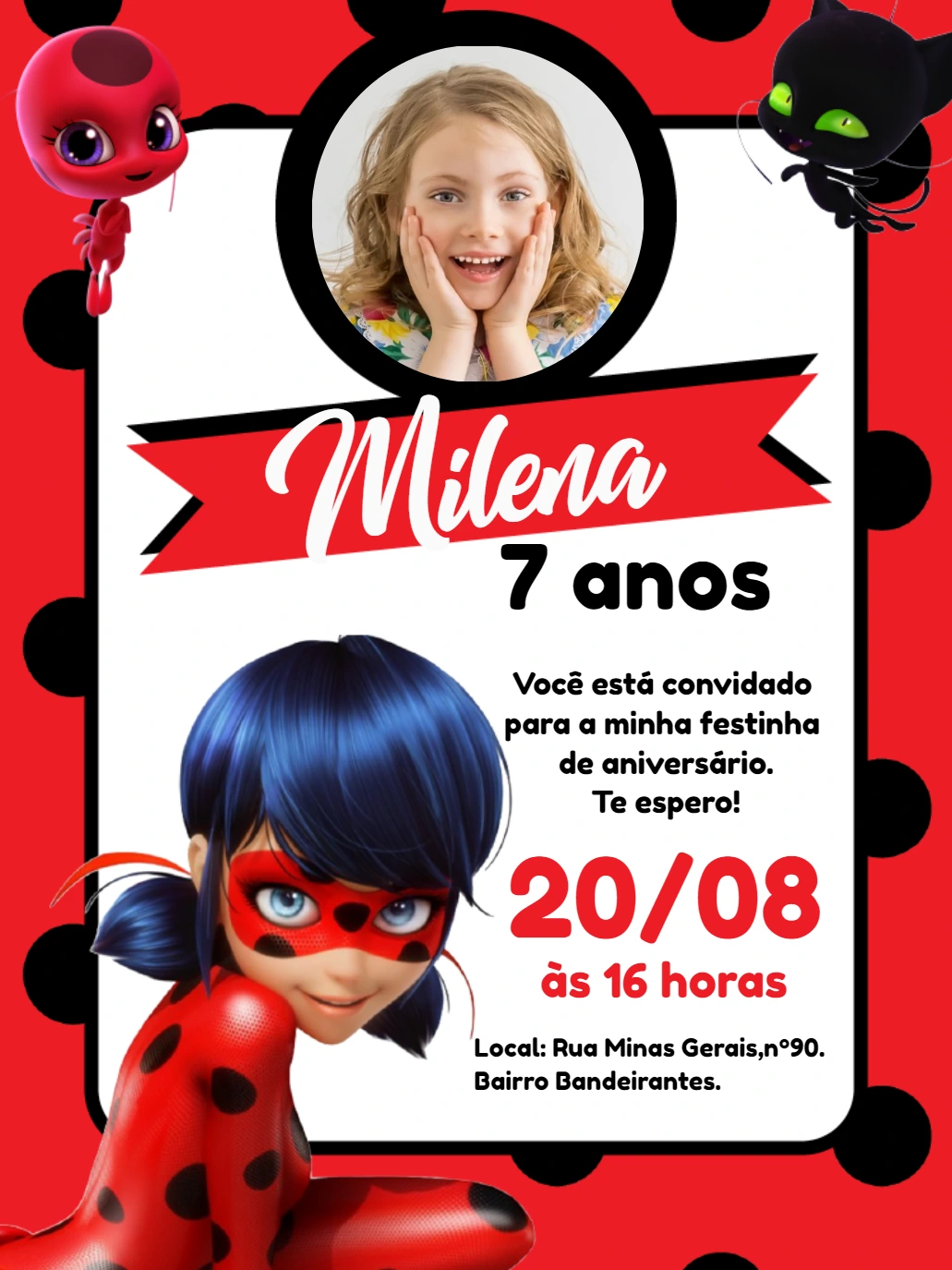 Convite Aniversário Ladybug Miraculous com Foto para Editar