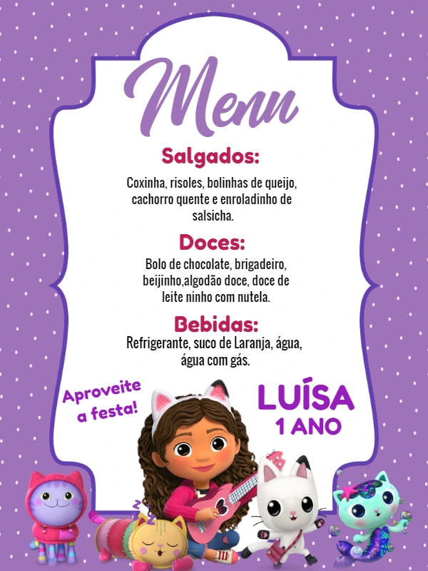 Menu Aniversário A Casa Mágica da Gabby Editável Online