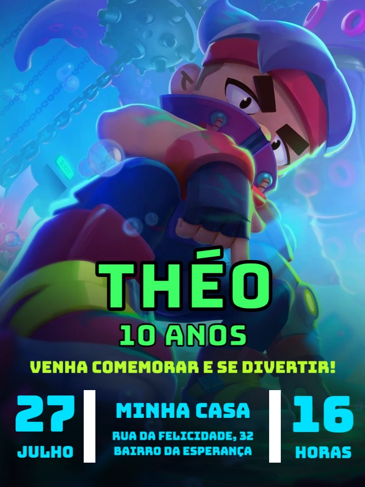 Convite de Aniversário Brawl Stars com Heróis para Editar Online