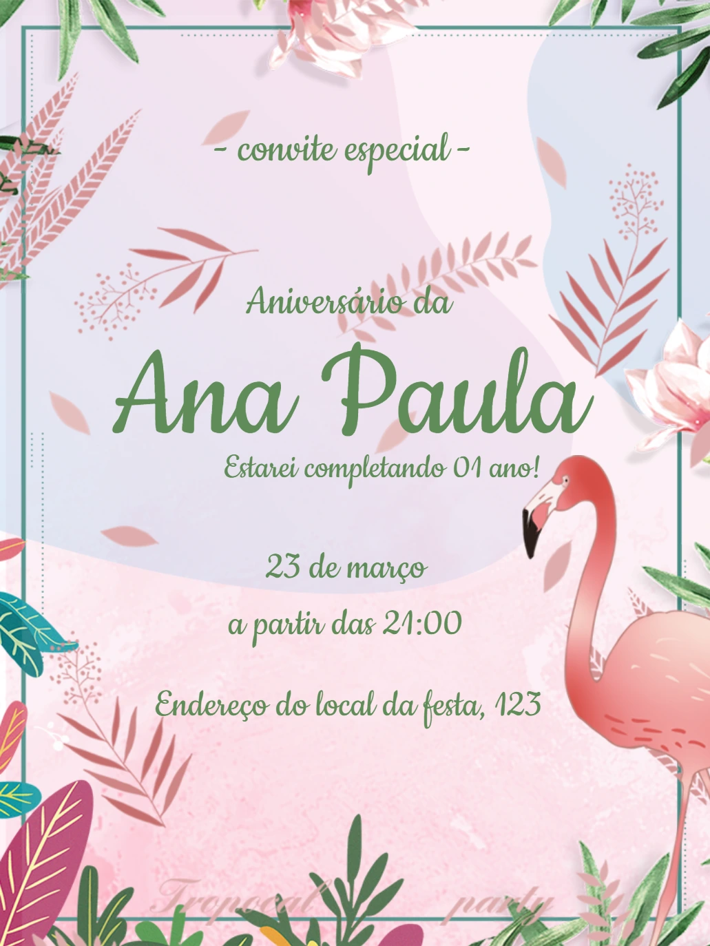 Convite de Aniversário Flamingo Tropical para Editar Online