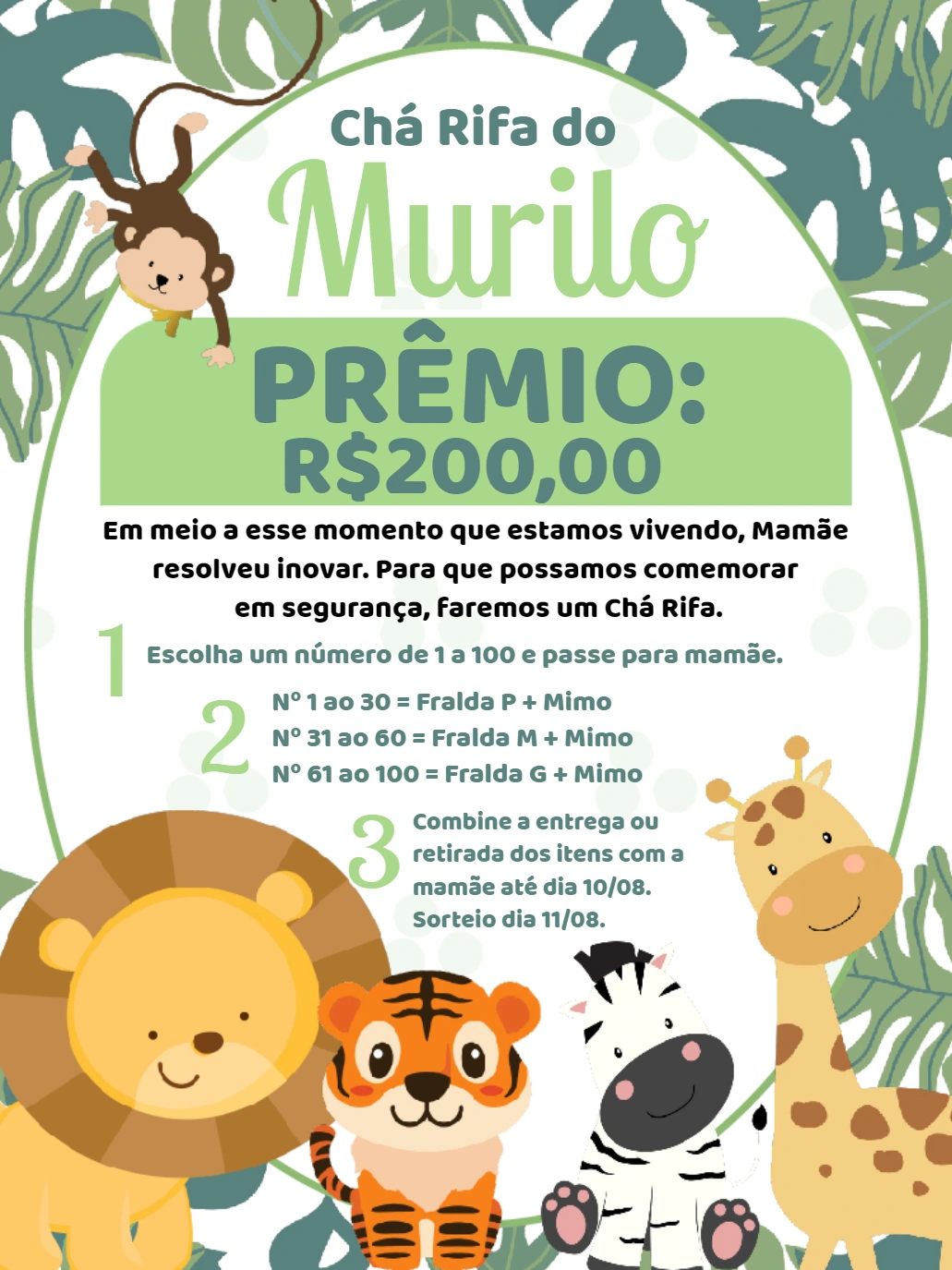 Convite Chá Rifa Safári Menino para Editar Online