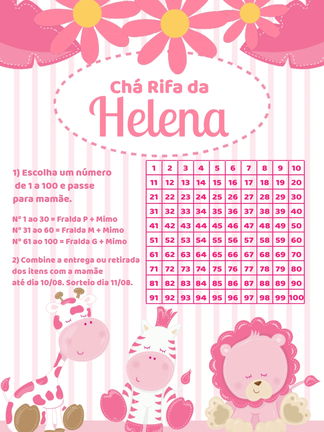 Chá Rifa Safari Rosa Menina com Animais Fofos para Editar