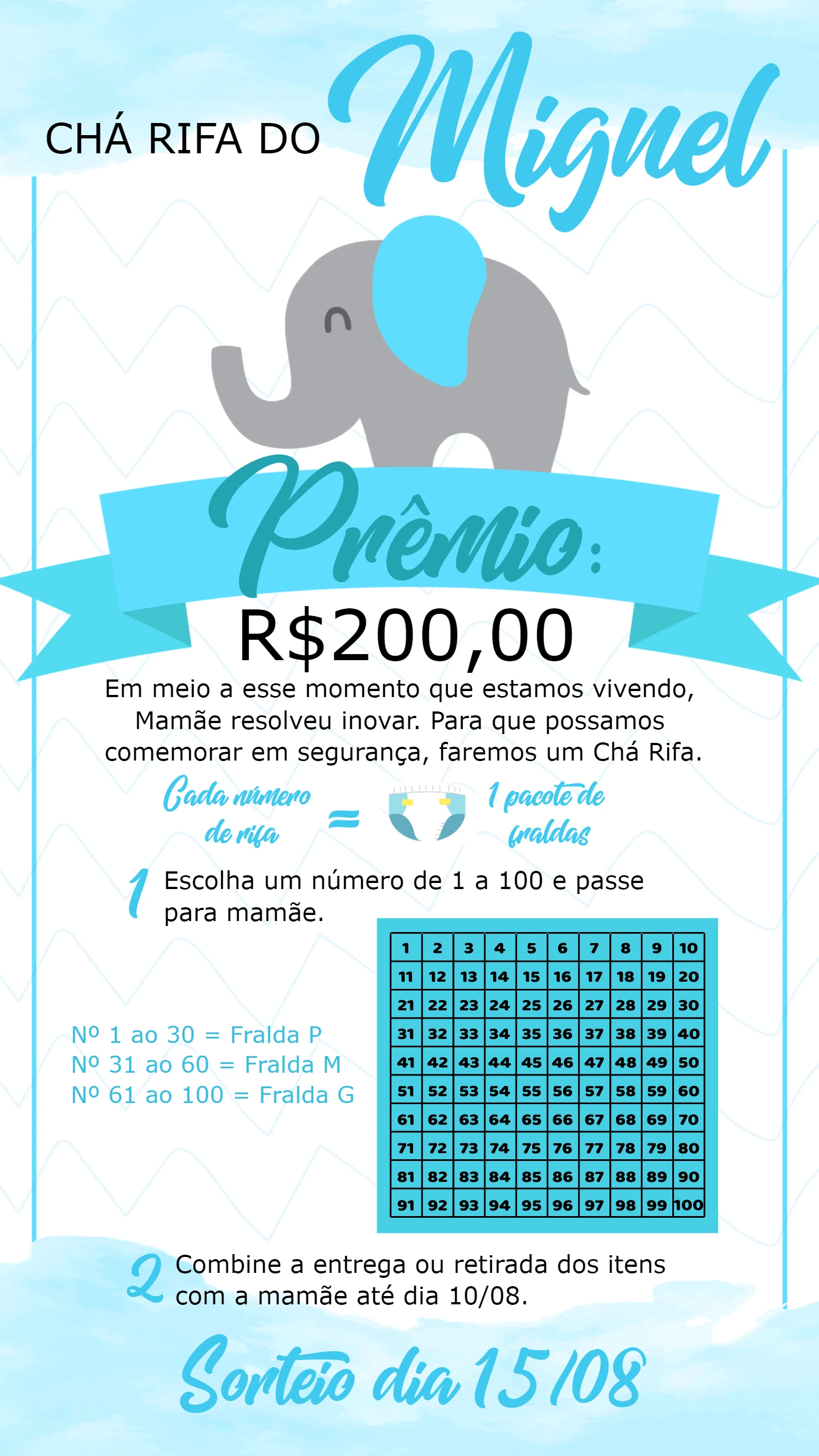 Chá Rifa Elefantinho Azul Editável para Menino Online