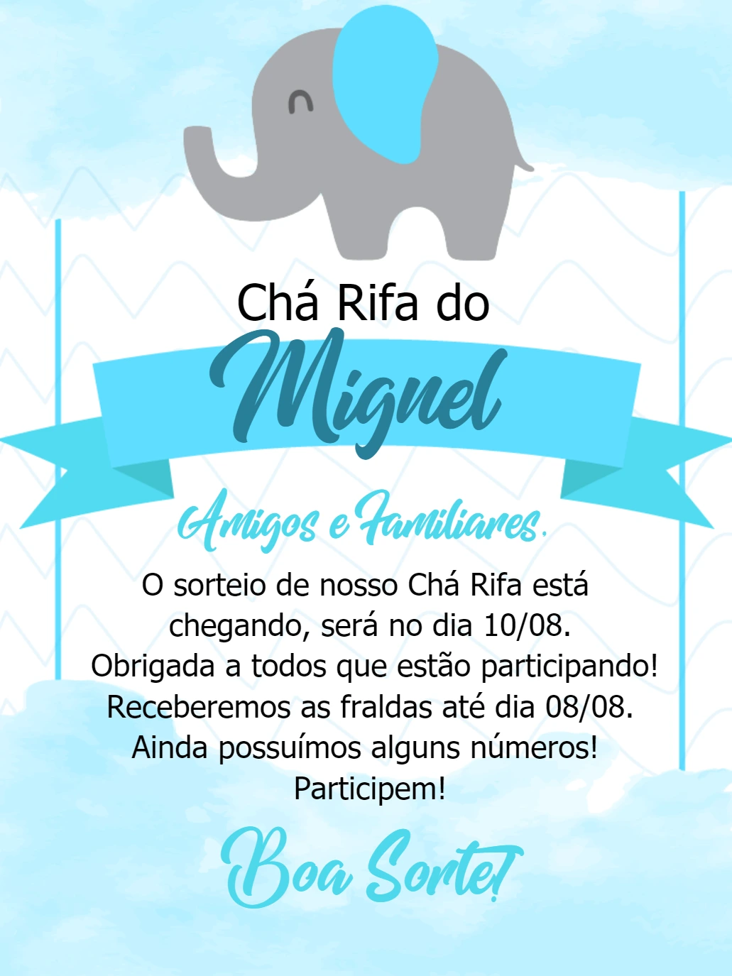 Convite Chá Rifa Elefantinho Azul para Editar Online
