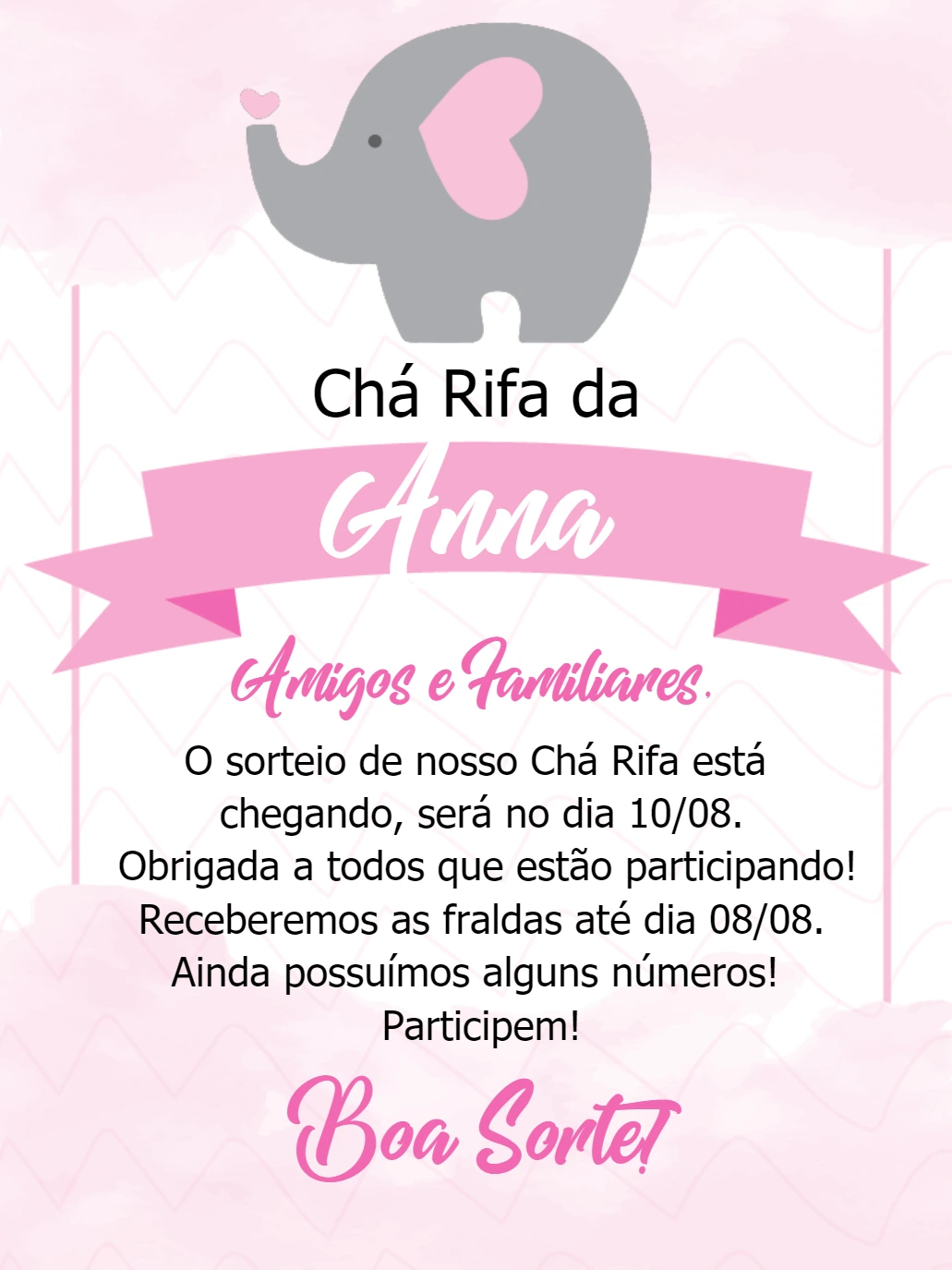 Convite Chá Rifa Elefantinha Rosa para Editar Online