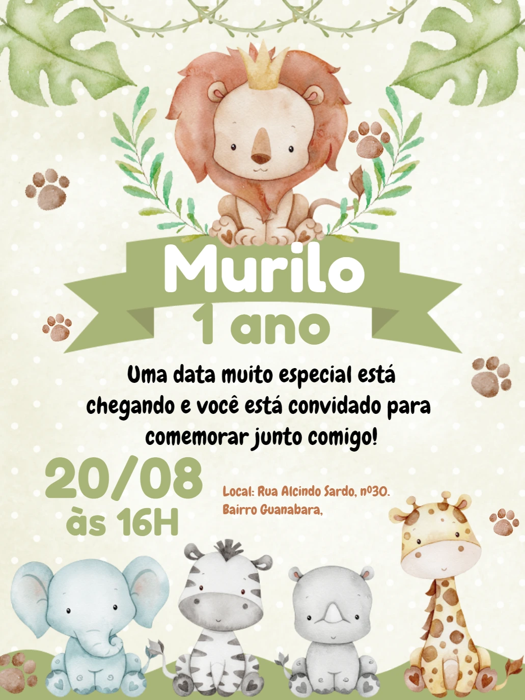 Convite Aniversário Safari com Animais Fofos para Editar Online