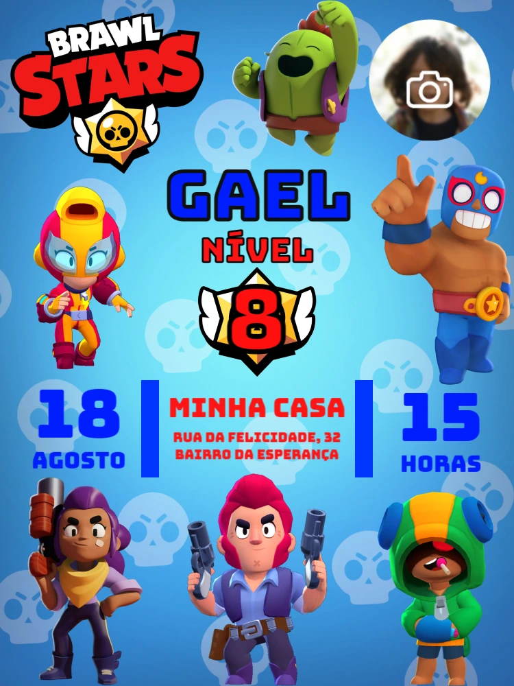 Convite Aniversário Brawl Stars com Foto para Editar Online