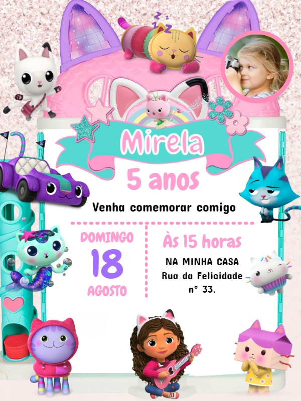 Convite A Casa Mágica da Gabby com Foto para Editar Online