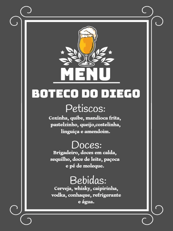 Cardápio Editável Online para Aniversário Tema Boteco
