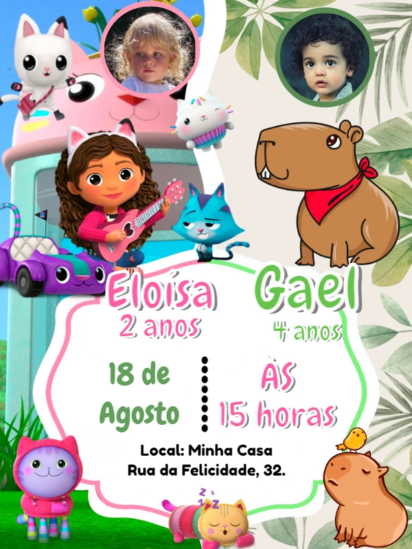Convite Aniversário Duplo Gabby e Capivara com Foto para Editar