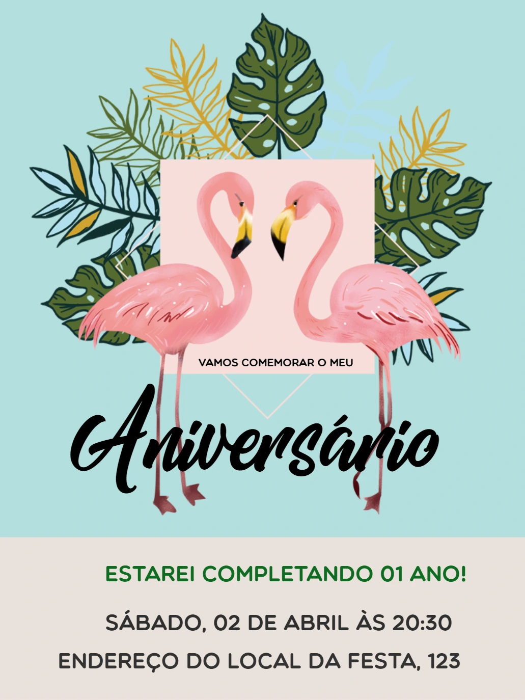Convite Aniversário Flamingo Tropical para Editar Online