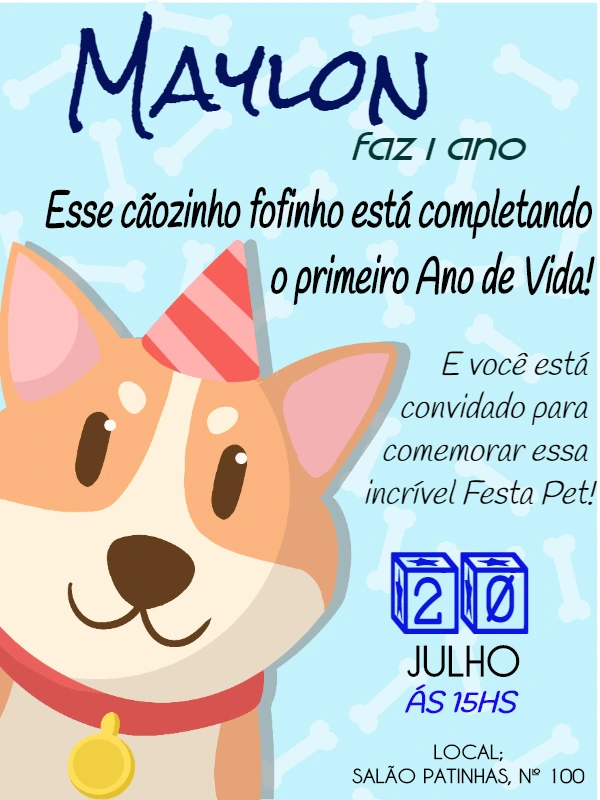 Convite Aniversário de Cachorro Fofinho para Editar Online