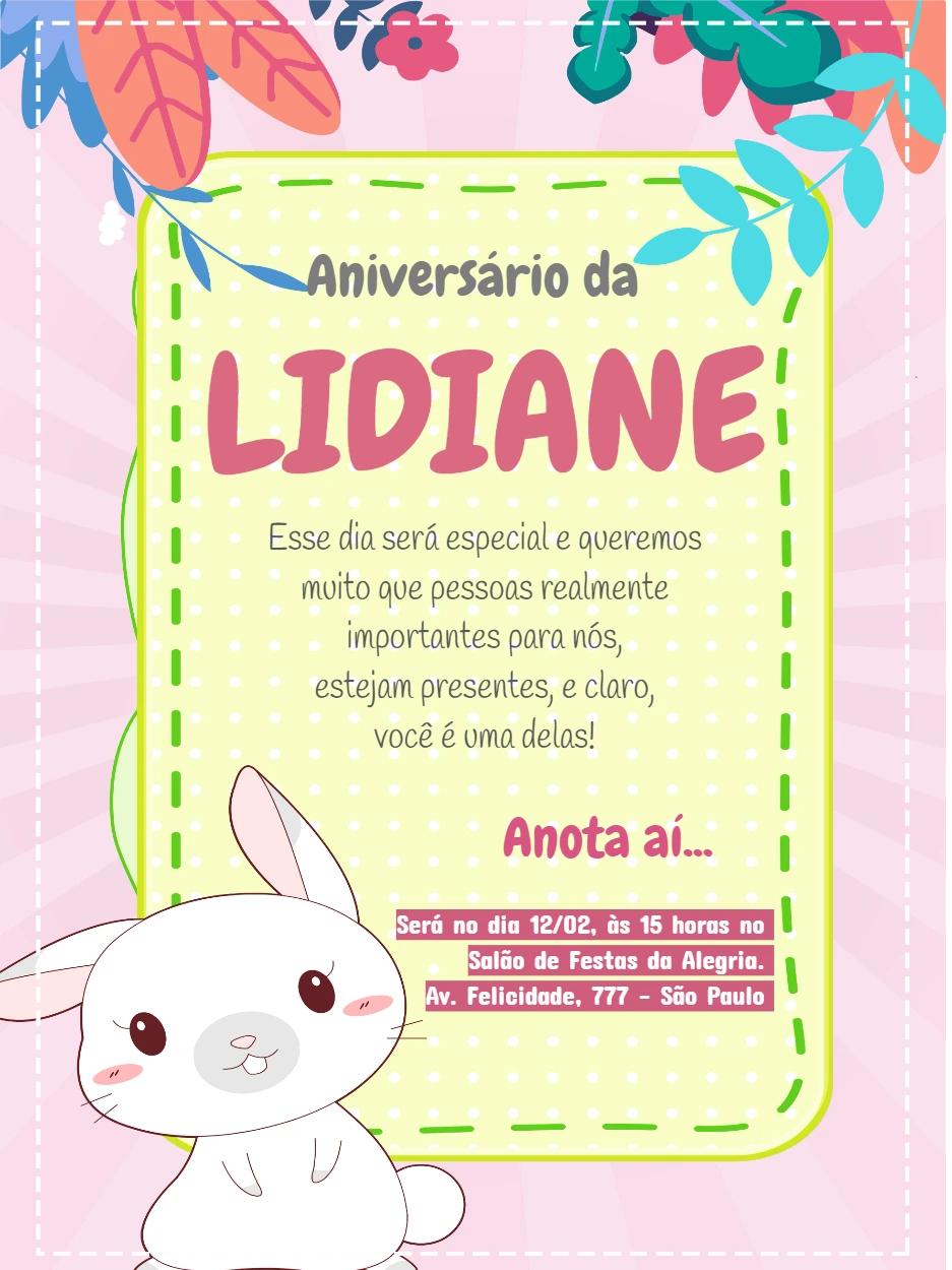 Convite Aniversário Coelhinho Infantil para Editar Online