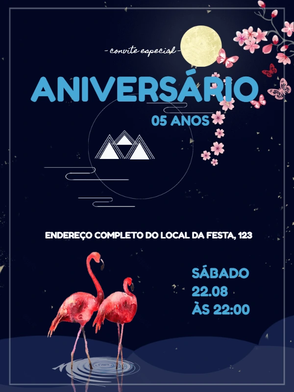 Convite de Aniversário Flamingo Oriental para Editar Online