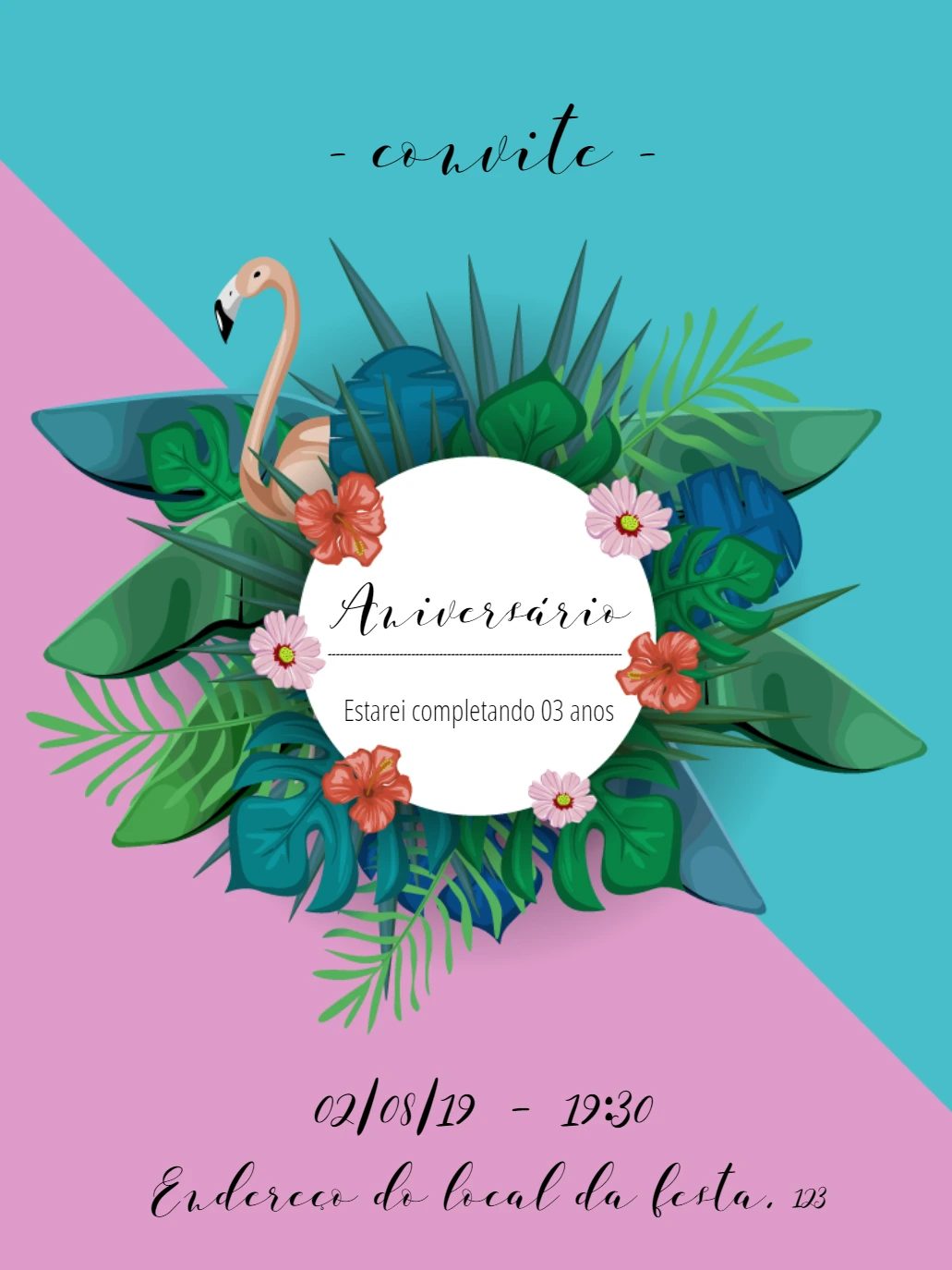 Convite de Aniversário Flamingo Tropical para Editar Online