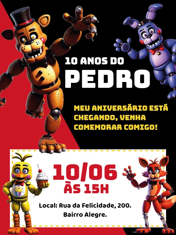 Convite Aniversário Five Nights at Freddy's para Editar Online