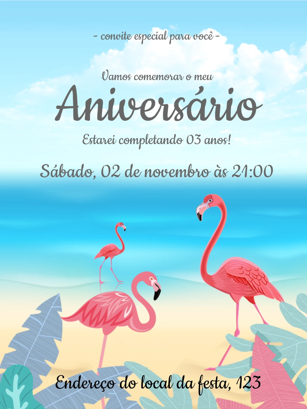 Convite de Aniversário Flamingos Tropical para Editar Online