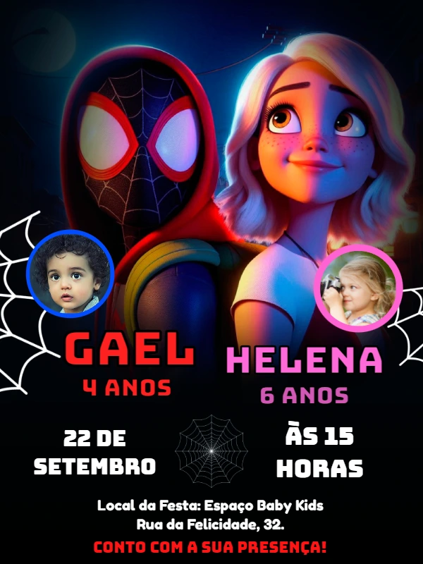 Convite Aniversário Duplo Homem Aranha e Gwen com Foto para Editar