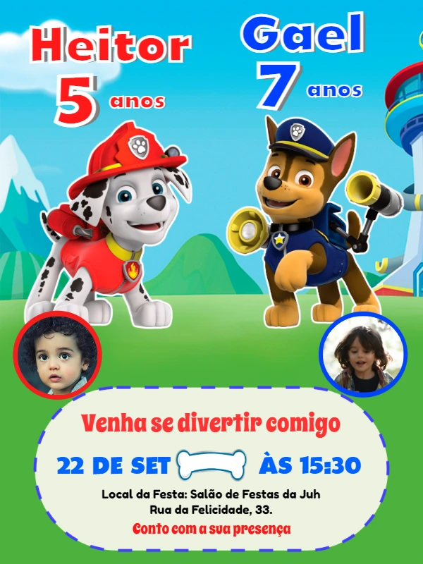 Convite Aniversário Duplo Patrulha Canina com Foto para Editar